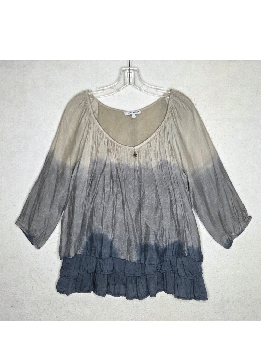 Tempo Paris Womens Small Ombre Tiered Silk Blend Blouse Ruffle Peasant Boho.